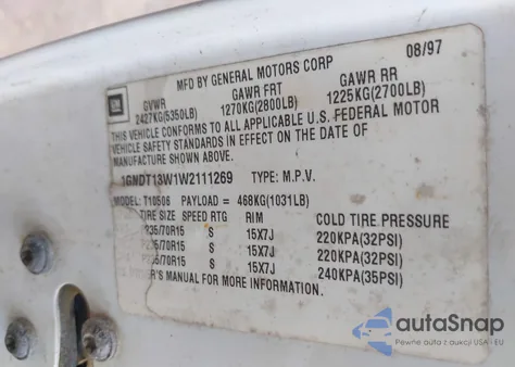 1998 Chevrolet Blazer Lt z USA, uszkodzony, nr VIN 1GNDT13W1W2111269